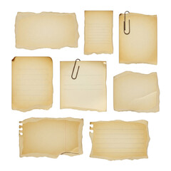 Collection of aged paper scraps with torn edges and metal paperclips on transparent background