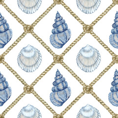 Seamless marine pattern with shells on the background of a ship's net made of twisted rope with knots. Watercolor illustration for fabric, cover, wallpaper, wrapping paper, decorative element design. © Svetlana