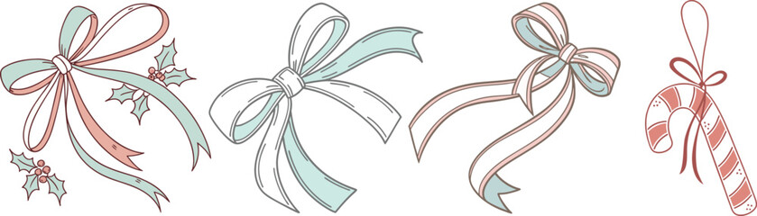 Set of cute pastel Christmas ribbons, bows, and candy cane minimalist holiday vector.