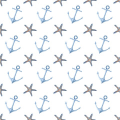 Seamless simple marine pattern with starfish and anchors. It is painted in watercolor in blue tones for fabric, cover, wrapping paper.