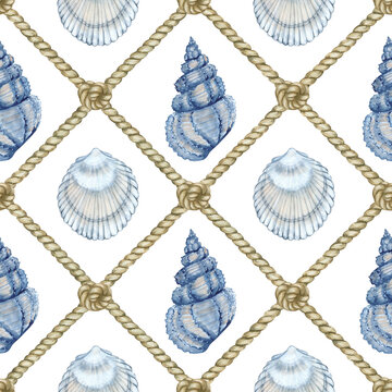 Seamless marine pattern with shells on the background of a ship's net made of twisted rope with knots. Watercolor illustration for fabric, cover, wallpaper, wrapping paper, decorative element design.