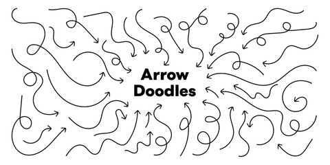 Black Pen Arrow Doodles &ndash; Playful Hand-Drawn Brush Arrows: Curved, Wavy & Straight. Ideal for Notes, School Projects & Visual Flow &ndash; Vector Art