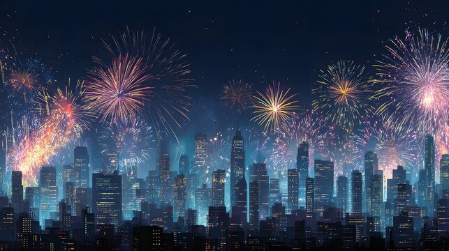 fireworks exploding over modern city skyline at midnight celebration new year countdown night sky bright lights happy people cheering