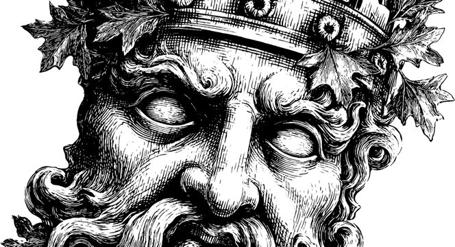 Ornate mascaron with foliage crown: detailed engraved design for decoration and inspiration