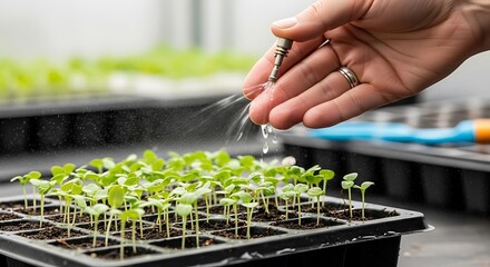 Hand precisely irrigating young seedlings in a propagation tray for nurturing growth