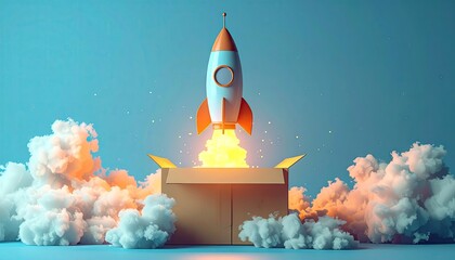 Creative concept of a rocket launching from a cardboard box symbolizing startup success and innovation.