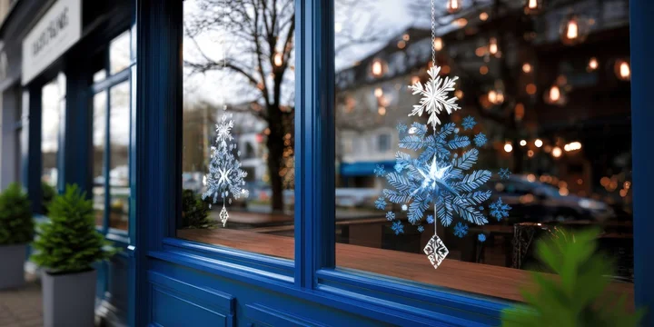 Christmas shop window with decorative posters and snow outside