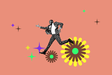 Collage of joyful fashion model in retro colorful bohemian patterns background evoking vintage style artistic flair