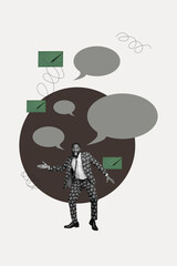 Collage of people chatting through devices with speech bubbles letters showing digital communication business private life concept
