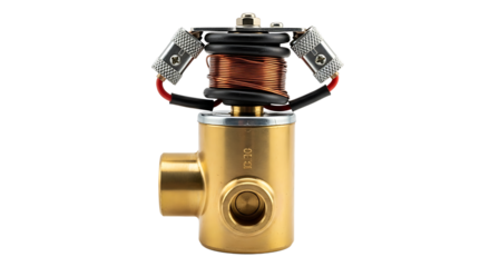 Industrial Brass Valve with Copper Coil and Electrical Components on White Background