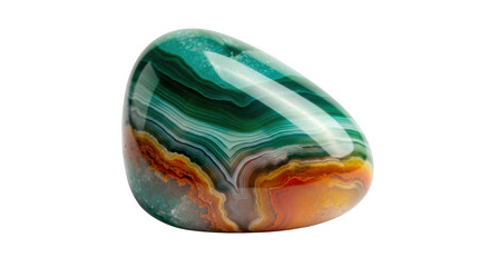 Polished agate stone with green and orange bands isolated on transparent background