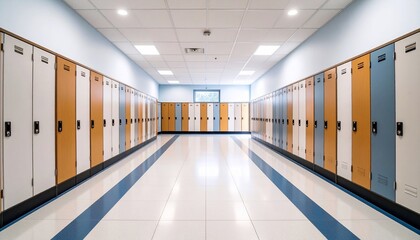 Fototapeta premium Empty School Locker Room Hallway with Colorful Lockers and Bright Lighting.