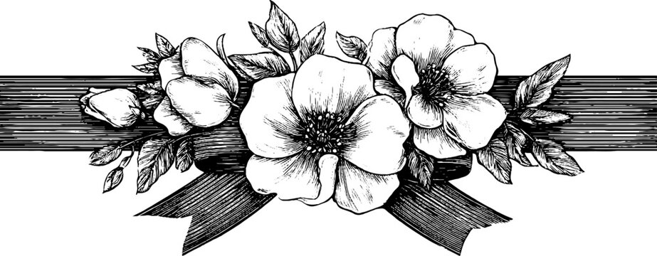 Vintage floral engraving seamless frame with ribbon ornament for design