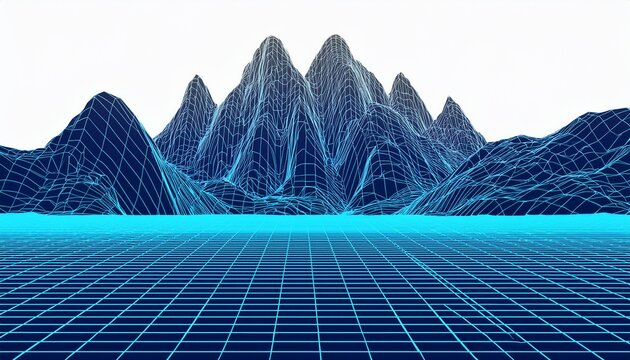 retro wireframe digital mountain landscape with blue grid foreground and white background for futuristic synthwave design