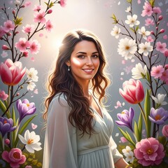 Radiant woman surrounded by spring blossoms with soft lighting effect