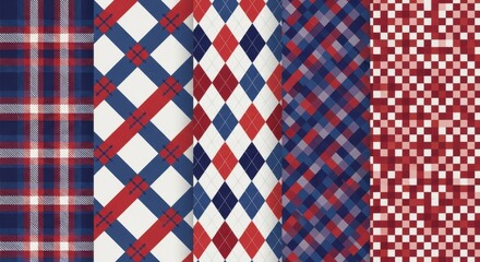 Fototapeta premium Collection of Seamless Tartan and Plaid Textures in Patriotic Color Palette