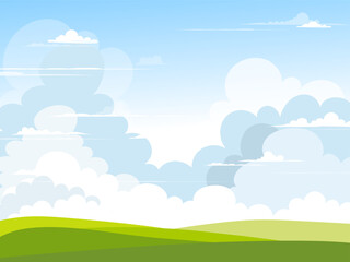 Fototapeta premium Spring field landscape with sky blue and clouds for Easter background,Vector cartoon Nature Summer sky,rural rolling hill,mountains for website banner, nature animation themes backgrounds for games
