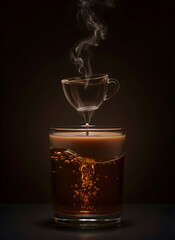 Coffee-scented candle with smoky floating cup. Dark aromatic candle with creative steam art. Lit coffee candle in an elegant and cozy setting