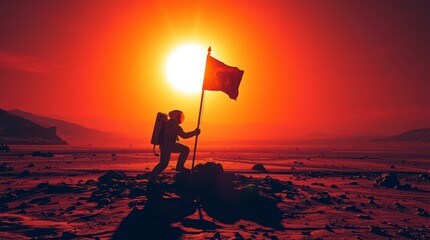 Astronaut Plants Flag on Mars