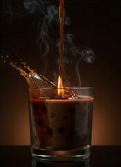 Coffee candle with dynamic splash and burning flame. Dark coffee-scented candle with pouring effect. Creative black coffee candle with roasted beans