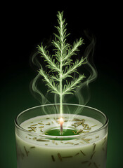 Rosemary candle lit with herbal smoke art. Scented green candle with floating rosemary design. Aromatic rosemary candle with natural leaves and soft glow.