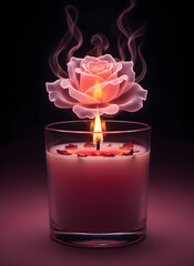 Rose candle lit with flower-shaped smoke art. Romantic pink candle with dried petals and soft flame. Scented rose candle glowing with floral elegance