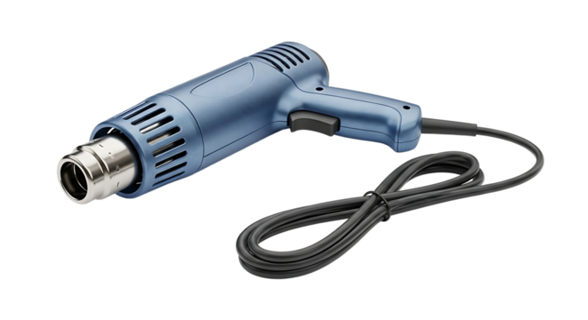 Blue Handheld Heat Gun with Black Power Cord on White Background