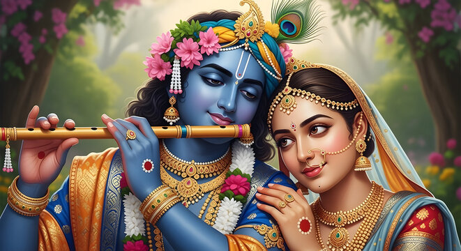 Radha and Krishna in the Garden: Divine Flute Music and Eternal Affection