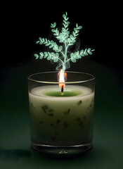 Eucalyptus candle with smoke forming leafy branch. Green scented candle with natural eucalyptus essence. Lit candle with herbal aroma and artistic leaf design