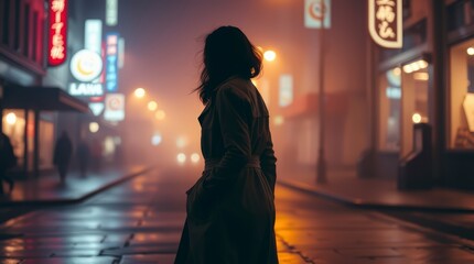 Woman in Trench Coat at Night