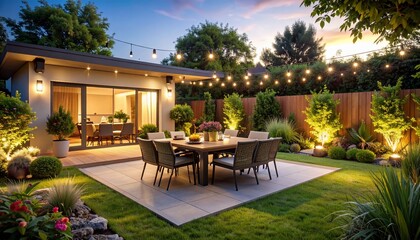 Evening Dinner Party in Beautiful Garden Patio with Cozy Backyard Atmosphere, and Warm Lights.