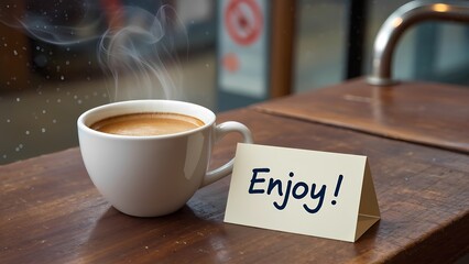 "Warmth from a Stranger": A still life of a freshly brewed cup of coffee or tea, accompanied by a small, handwritten note that reads "Enjoy!" or a similar simple, positive message. 