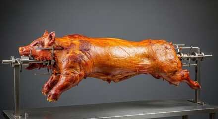 Whole roasted pig on a rotisserie, culinary preparation and gastronomy