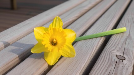 "Unexpected Bloom": A close-up shot of a single, vibrant flower (e.g., a cheerful daffodil or a bright tulip) unexpectedly left on a clean, neutral surface, such as a park bench or a library table. 
