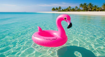 Tranquil tropical getaway with inflatable flamingo in serene ocean water