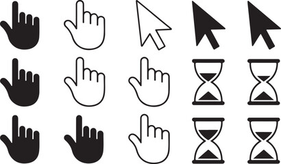 Fototapeta premium Grid of 16 Cursor and Pointer Icons Including Hand, Arrow, and Hourglass Styles in Outline and Solid
