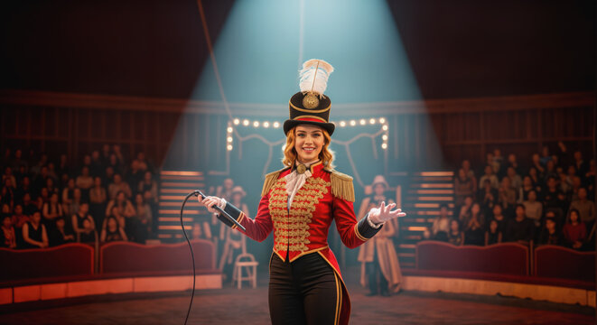 A smiling, beautiful female ringmaster under a spotlight and circus tent. Top hat and epaulettes. Audience and performers in the background.