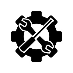 Technical service vector: crossed wrench and screwdriver over a gear for repair and settings.