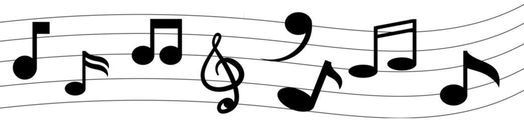 Flowing music vector: various eighth notes and a treble clef on curving staves for melody.