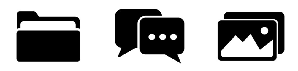 Digital utility vector set: icons for file folder, chat bubbles, and stacked image gallery.