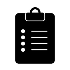 Task management vector: simple black clipboard icon showing a checklist or survey document.