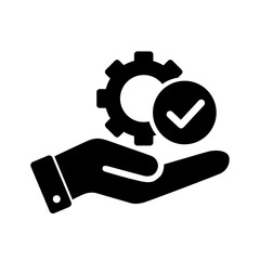 Quality assurance: completed service vector icon with a gear, checkmark, and supportive hand.