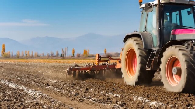 Tractor plowing field with mountains in background daytime