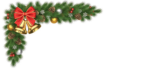 Christmas corner decoration with bells, pine cones, baubles isolated on transparent background
