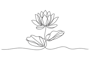 Obraz premium Simple modern continuous one line drawing of lotus flower and leaf in minimalist aesthetic style for spa, yoga and floral logo design 