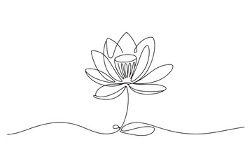 Simple modern continuous one line drawing of lotus flower and leaf in minimalist aesthetic style for spa, yoga and floral logo design
