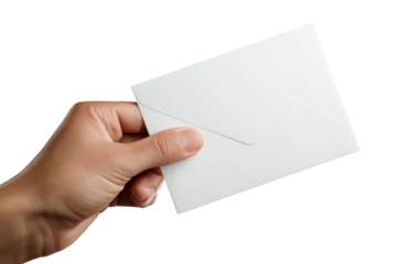 A person's hand holding a white, closed envelope against a black background