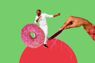 Exclusive magazine sketch collage image of happy girl guy stand sweet donut dessert glaze sprinkles...