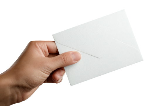 A person's hand holding a white, closed envelope against a black background