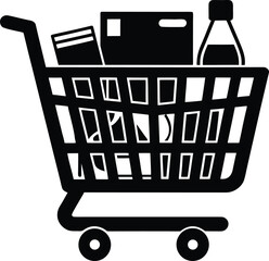 Black Silhouette of a Shopping Cart Filled with Groceries